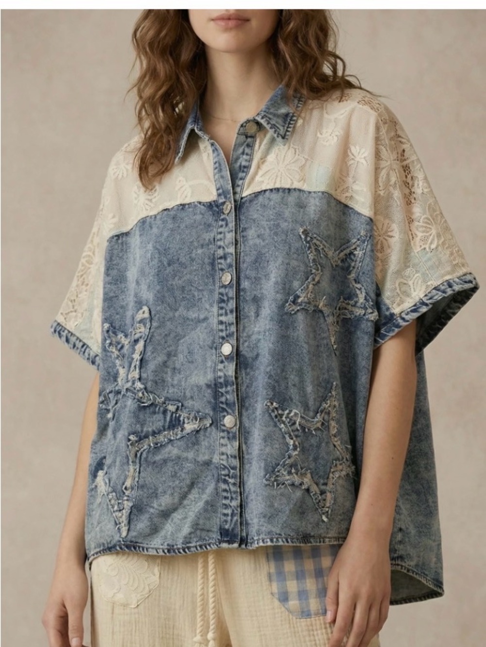 NWOT Mello Mixed Media Denim Star Shirt